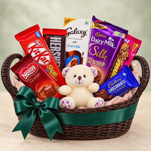 Emerald Embrace chocolate gift basket with 7 packs and ivory teddy
