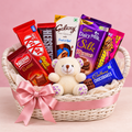 Pink Promise chocolate gift basket with 7 packs and ivory teddy