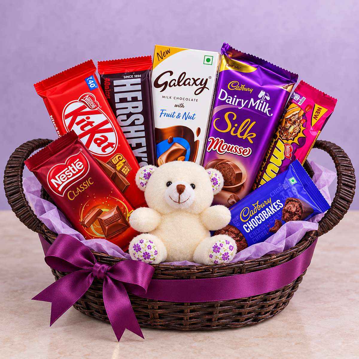 Royal Plum chocolate gift basket with 7 packs and ivory teddy