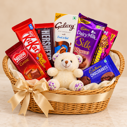 Golden Celebration chocolate gift basket with 7 packs and ivory teddy