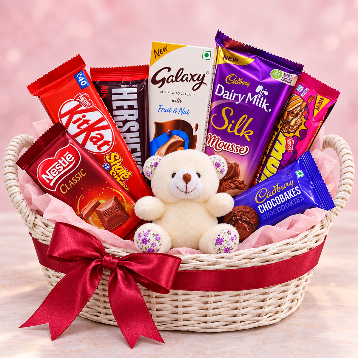 Ruby Romance chocolate gift basket with 7 packs and ivory teddy