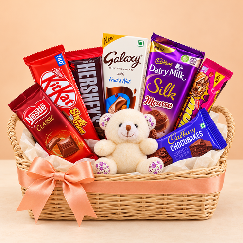 Peach Delight chocolate gift basket with 7 packs and ivory teddy