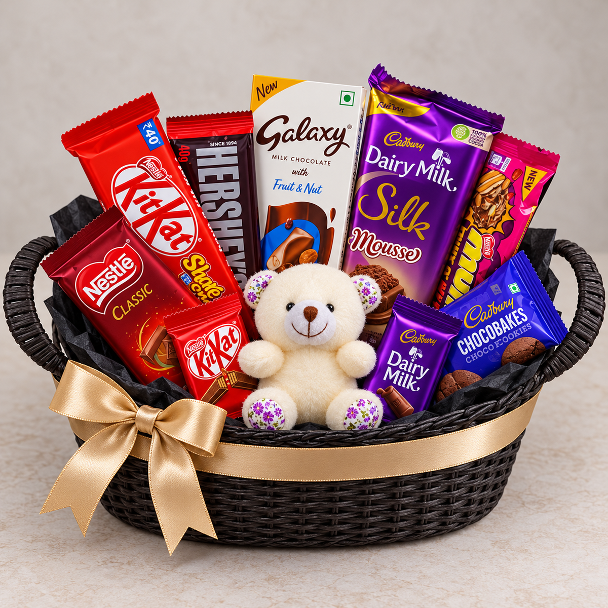 Midnight Luxe chocolate gift basket with 9 packs and ivory teddy
