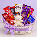 Lavender Love chocolate gift basket with 9 packs and ivory teddy