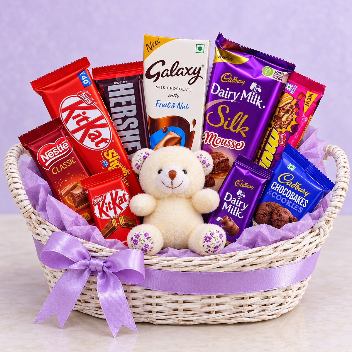 Lavender Love chocolate gift basket with 9 packs and ivory teddy