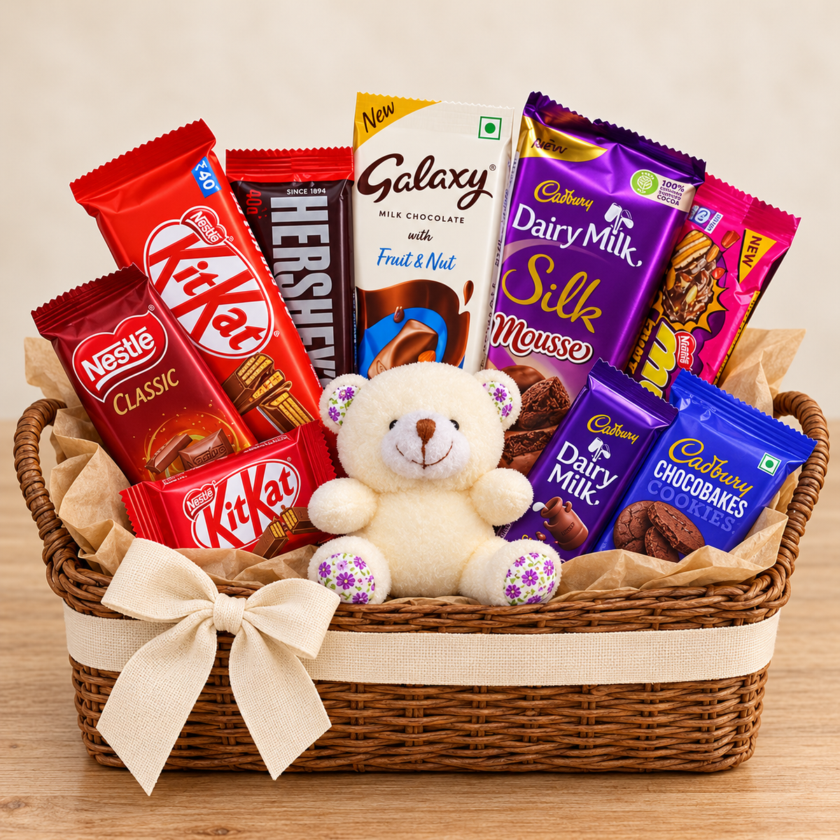 Rustic Charm chocolate gift basket with 9 packs and ivory teddy