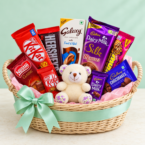 Mint Moments chocolate gift basket with 9 packs and ivory teddy